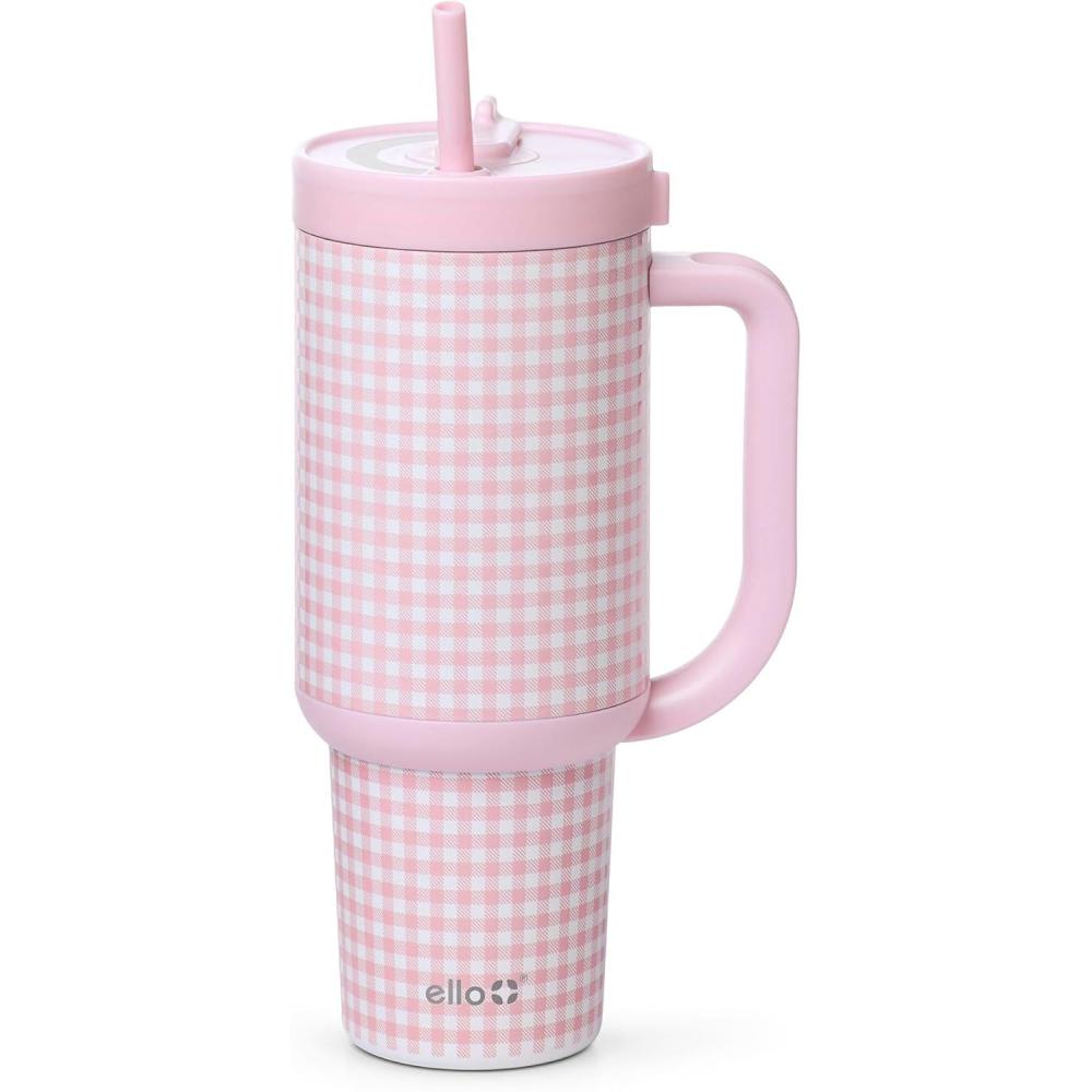 imageEllo Oasis 30 oz Tumbler with Handle ampamp Retracting Straw  Reusable Insulated Stainless Steel Cup 100 Leakproof Gifts for Teens Women Men  Keeps cold for 24 Hours Cup Holder Friendly Sunrise GlowPink Gingham