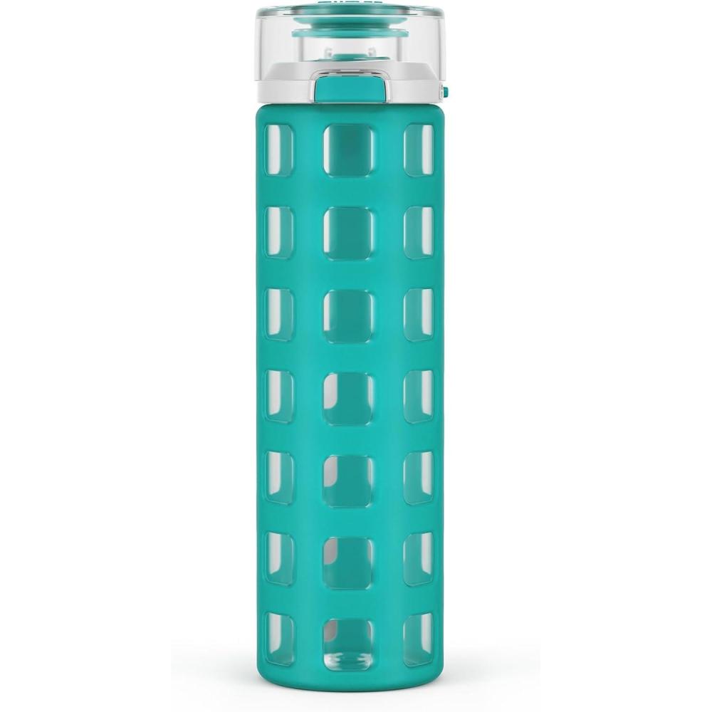 imageEllo Syndicate 20oz Reusable Glass Water Bottle with OneTouch Leak Proof Flip Lid Protective NonSlip Silicone Sleeve Carry Loop for Coffee Tea and Water BPAfree Dishwasher Safe Cashmere PinkMint