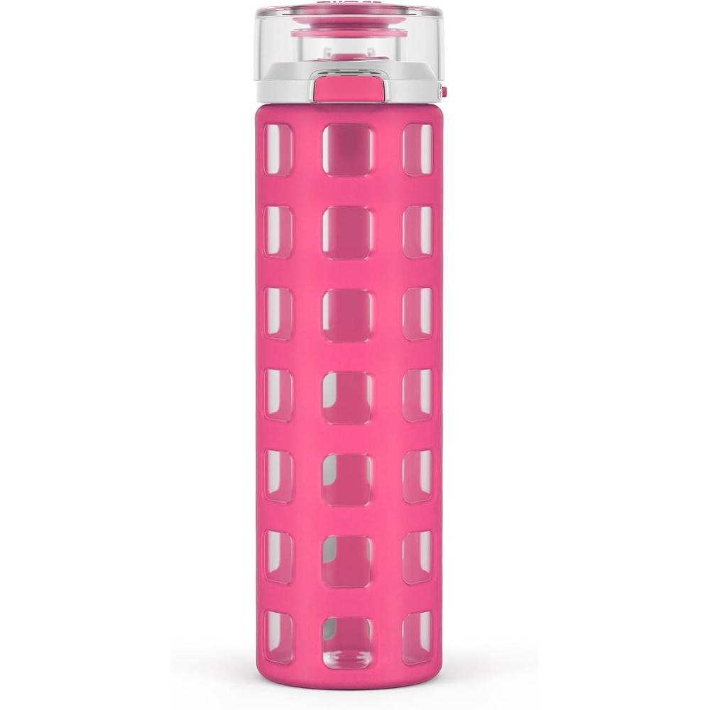 imageEllo Syndicate 20oz Reusable Glass Water Bottle with OneTouch Leak Proof Flip Lid Protective NonSlip Silicone Sleeve Carry Loop for Coffee Tea and Water BPAfree Dishwasher Safe Cashmere PinkPink