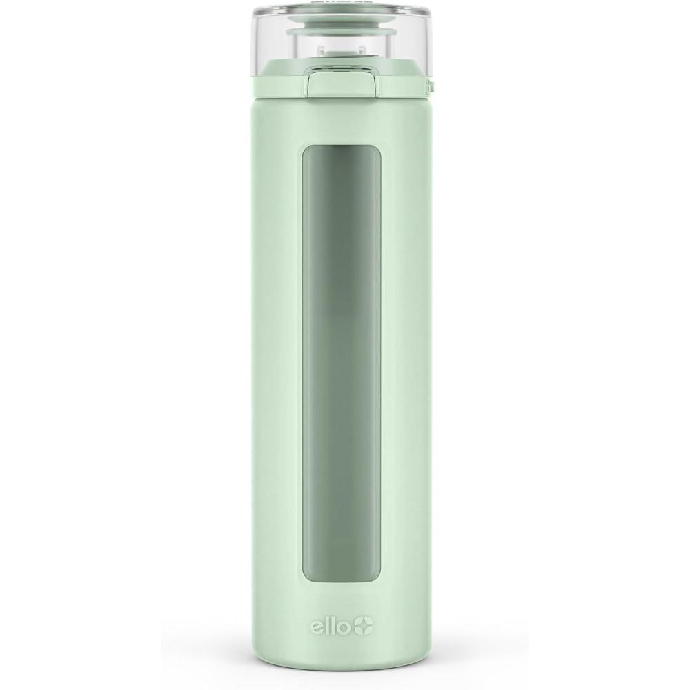 imageEllo Syndicate 20oz Reusable Glass Water Bottle with OneTouch Leak Proof Flip Lid Protective NonSlip Silicone Sleeve Carry Loop for Coffee Tea and Water BPAfree Dishwasher Safe Cashmere PinkSage