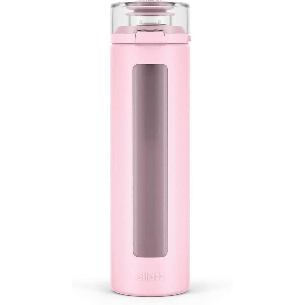 imageEllo Syndicate 20oz Reusable Glass Water Bottle with OneTouch Leak Proof Flip Lid Protective NonSlip Silicone Sleeve Carry Loop for Coffee Tea and Water BPAfree Dishwasher Safe Cashmere PinkCashmere Pink