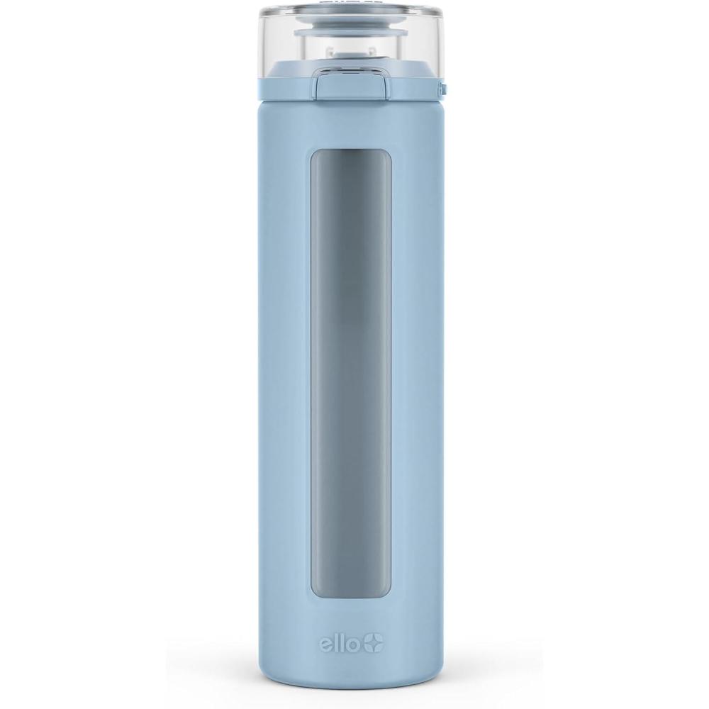imageEllo Syndicate 20oz Reusable Glass Water Bottle with OneTouch Leak Proof Flip Lid Protective NonSlip Silicone Sleeve Carry Loop for Coffee Tea and Water BPAfree Dishwasher Safe Cashmere PinkTech Blue