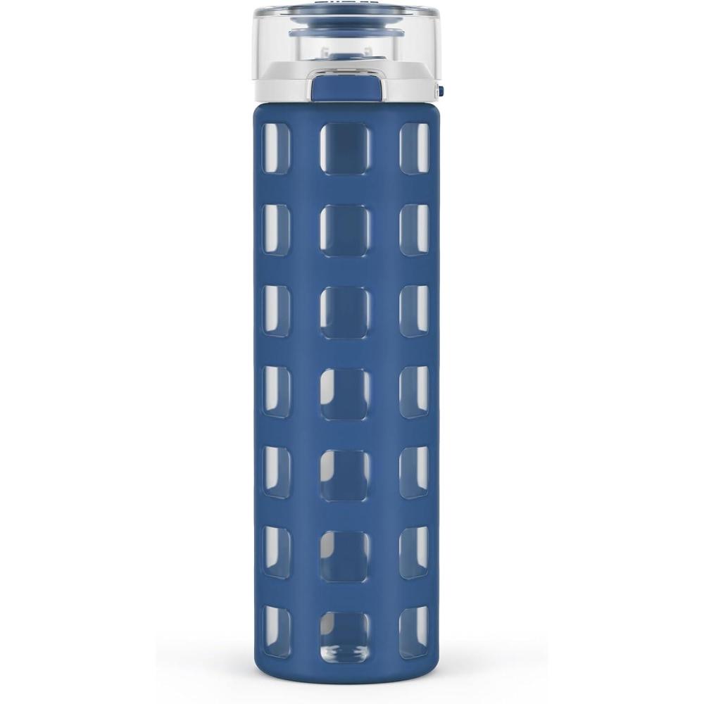 imageEllo Syndicate 20oz Reusable Glass Water Bottle with OneTouch Leak Proof Flip Lid Protective NonSlip Silicone Sleeve Carry Loop for Coffee Tea and Water BPAfree Dishwasher Safe Cashmere PinkBold Blue