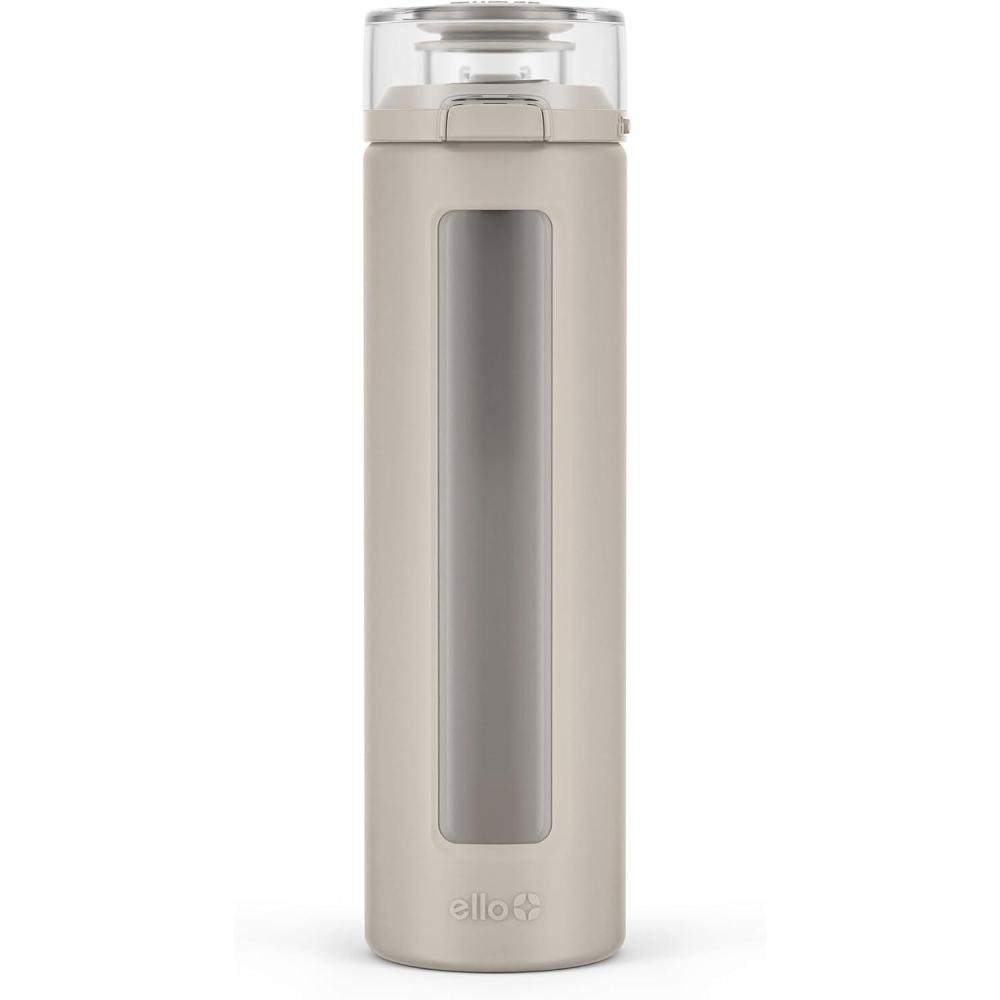 imageEllo Syndicate 20oz Reusable Glass Water Bottle with OneTouch Leak Proof Flip Lid Protective NonSlip Silicone Sleeve Carry Loop for Coffee Tea and Water BPAfree Dishwasher Safe Cashmere PinkSand