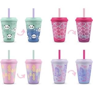 Ello 12oz Kids Plastic Reusable Color Changing Cups with Twist on Splash-Proof Lids and Straw, BPA Free, Dishwasher Safe(4 Pack Fruit Pop)