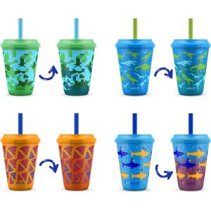 Ello 12oz Kids Plastic Reusable Color Changing Cups with Twist on Splash-Proof Lids and Straw, BPA Free, Dishwasher Safe(4 Pack Rainforest)