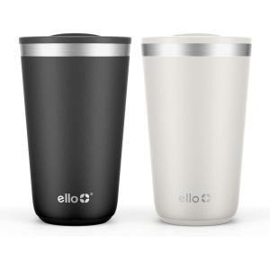 Ello 2 Pack 16oz Stainless Steel Stacking Cups with Easy Press Lids | Pint Size Reusable Tumblers for Parties, Home, Camping, Outdoor | Keeps Cold for 16 Hours, Dishwasher Safe | Stripes & Dots(Black & Mineral)