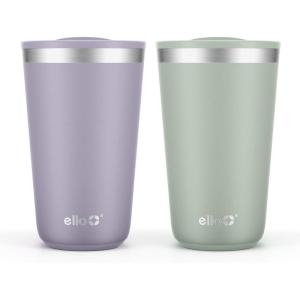 Ello 2 Pack 16oz Stainless Steel Stacking Cups with Easy Press Lids | Pint Size Reusable Tumblers for Parties, Home, Camping, Outdoor | Keeps Cold for 16 Hours, Dishwasher Safe | Stripes & Dots(Soft Plum & Sage)