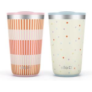 Ello 2 Pack 16oz Stainless Steel Stacking Cups with Easy Press Lids | Pint Size Reusable Tumblers for Parties, Home, Camping, Outdoor | Keeps Cold for 16 Hours, Dishwasher Safe | Stripes & Dots(Stripes & Dots)