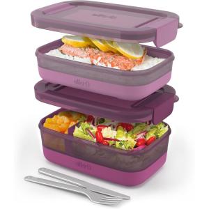 Ello 2-Pack Lunch Stack Plastic Food Storage Container Bento Box with Airtight, Leak-Proof Locking Plastic Lids and Silicone Base, BPA-Free, Freezer, Microwave, and Dishwasher Safe(Raspberry)