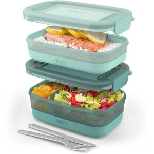 Ello 2-Pack Lunch Stack Plastic Food Storage Container Bento Box with Airtight, Leak-Proof Locking Plastic Lids and Silicone Base, BPA-Free, Freezer, Microwave, and Dishwasher Safe(Mint Chip)