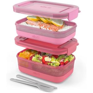 Ello 2-Pack Lunch Stack Plastic Food Storage Container Bento Box with Airtight, Leak-Proof Locking Plastic Lids and Silicone Base, BPA-Free, Freezer, Microwave, and Dishwasher Safe(Guava)