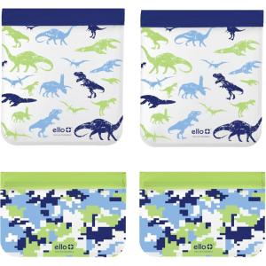 Ello 4 Pack Reusable Food Storage Bags, Resealable BPA-Free, Food-Safe PEVA, Feezer Safe and Leak-Proof(Dinos)