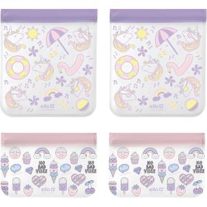 Ello 4 Pack Reusable Food Storage Bags, Resealable BPA-Free, Food-Safe PEVA, Feezer Safe and Leak-Proof(Unicorns)