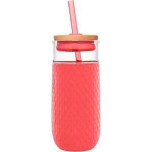 Ello Devon 18oz Glass Tumbler with Straw, Friction Fit Bamboo Wood Lid and Silicone Sleeve | Perfect for Iced Coffee, Tea, Matcha and Smoothies(Coral)