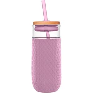 Ello Devon 18oz Glass Tumbler with Straw, Friction Fit Bamboo Wood Lid and Silicone Sleeve | Perfect for Iced Coffee, Tea, Matcha and Smoothies(Mauve)