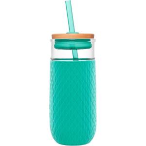 Ello Devon 18oz Glass Tumbler with Straw, Friction Fit Bamboo Wood Lid and Silicone Sleeve | Perfect for Iced Coffee, Tea, Matcha and Smoothies(Mint)