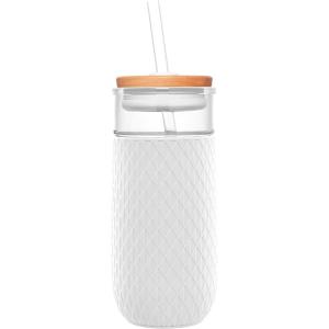 Ello Devon 18oz Glass Tumbler with Straw, Friction Fit Bamboo Wood Lid and Silicone Sleeve | Perfect for Iced Coffee, Tea, Matcha and Smoothies(White)
