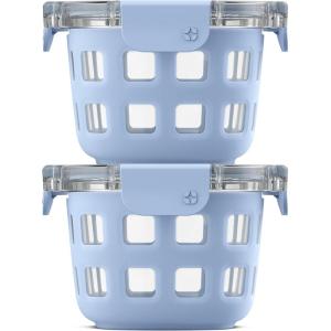 Ello Duraglass 4-Pack 2 Cup Reusable Glass Container Jar with Leak Proof Lids and Protective Silicone Sleeves | Perfect for Overnight Oats, Yogurt | BPA-Free | Dishwasher Safe | Evening Orchard(Halogen Blue)