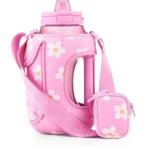 Ello Hydra 64oz Half Gallon Water Jug with Handle and Motivational Time Markers for All Day Hydration, Plastic Reusable Water Bottle with Straw and Locking, Leak Proof Lid, BPA Free(Daisy Bottle Bag)
