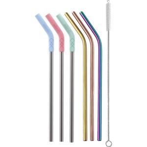 Ello Impact 4 Pack Reusable Metal Straws with Silicone Tips Made from Stainless Steel, Dishwasher Safe, BPA-Free with Cleaning Brush, June Breeze(6 Piece- Glow)
