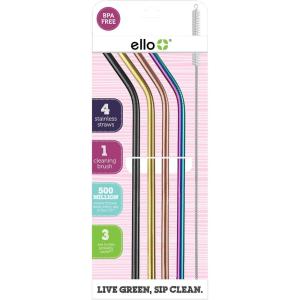 Ello Impact Stainless Steel Reusable Straws with Cleaning Brush, 4 Piece, Metallics