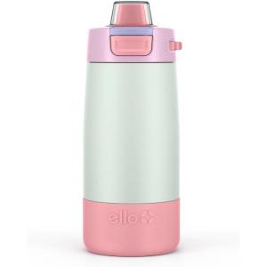 Ello Kids Colby 12oz Stainless Steel Insulated Water Bottle with Straw and Built-In Silicone Coaster Carrying Handle and Leak-Proof Locking Lid for School Backpack, Lunchbox, and Outdoor Sports(Frosted Petal)