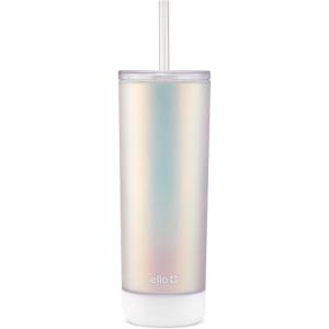 Ello Monterey Double Walled Insulated Plastic Tumbler with Straw and Built-in Coaster, BPA Free, 24oz(Silver)