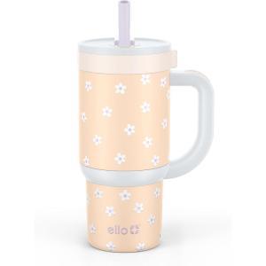 Ello Oasis 30 oz Tumbler with Handle & Retracting Straw | Reusable Insulated Stainless Steel Cup 100% Leakproof, Gifts for Teens Women Men | Keeps cold for 24 Hours, Cup Holder Friendly, Sunrise Glow(Orange Daises)