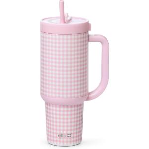 Ello Oasis 30 oz Tumbler with Handle & Retracting Straw | Reusable Insulated Stainless Steel Cup 100% Leakproof, Gifts for Teens Women Men | Keeps cold for 24 Hours, Cup Holder Friendly, Sunrise Glow(Pink Gingham)