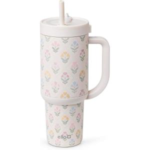 Ello Oasis 30 oz Tumbler with Handle & Retracting Straw | Reusable Insulated Stainless Steel Cup 100% Leakproof, Gifts for Teens Women Men | Keeps cold for 24 Hours, Cup Holder Friendly, Sunrise Glow(Flower Quilt)