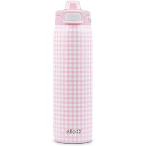 Ello Pop & Fill Stainless Steel Water Bottle with Quick Fill Technology, Double Walled Vacuum Insulated Metal, Leak Proof Locking Lid, Sip & Chug, BPA Free, Holiday Gift for Him Her, 22oz, 32oz, 40oz(Pink Gingham)