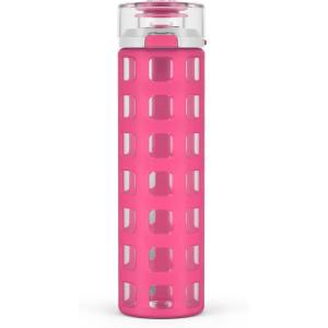 Ello Syndicate 20oz Reusable Glass Water Bottle with One-Touch Leak Proof Flip Lid, Protective Non-Slip Silicone Sleeve, Carry Loop for Coffee, Tea and Water, BPA-free, Dishwasher Safe, Cashmere Pink(Pink)