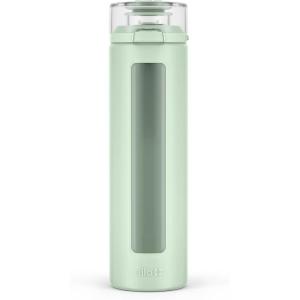 Ello Syndicate 20oz Reusable Glass Water Bottle with One-Touch Leak Proof Flip Lid, Protective Non-Slip Silicone Sleeve, Carry Loop for Coffee, Tea and Water, BPA-free, Dishwasher Safe, Cashmere Pink(Sage)