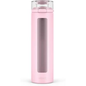Ello Syndicate 20oz Reusable Glass Water Bottle with One-Touch Leak Proof Flip Lid, Protective Non-Slip Silicone Sleeve, Carry Loop for Coffee, Tea and Water, BPA-free, Dishwasher Safe, Cashmere Pink(Cashmere Pink)