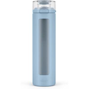 Ello Syndicate 20oz Reusable Glass Water Bottle with One-Touch Leak Proof Flip Lid, Protective Non-Slip Silicone Sleeve, Carry Loop for Coffee, Tea and Water, BPA-free, Dishwasher Safe, Cashmere Pink(Tech Blue)