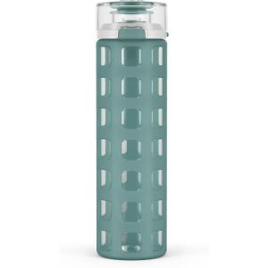 Ello Syndicate 20oz Reusable Glass Water Bottle with One-Touch Leak Proof Flip Lid, Protective Non-Slip Silicone Sleeve, Carry Loop for Coffee, Tea and Water, BPA-free, Dishwasher Safe, Cashmere Pink(Alligator)