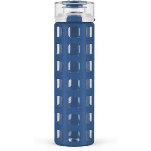 Ello Syndicate 20oz Reusable Glass Water Bottle with One-Touch Leak Proof Flip Lid, Protective Non-Slip Silicone Sleeve, Carry Loop for Coffee, Tea and Water, BPA-free, Dishwasher Safe, Cashmere Pink(Bold Blue)
