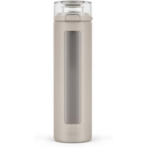 Ello Syndicate 20oz Reusable Glass Water Bottle with One-Touch Leak Proof Flip Lid, Protective Non-Slip Silicone Sleeve, Carry Loop for Coffee, Tea and Water, BPA-free, Dishwasher Safe, Cashmere Pink(Sand)