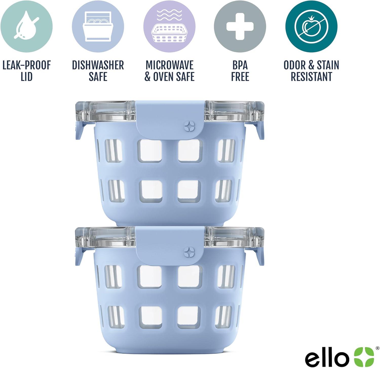 imageEllo Duraglass 8Pack 2 Cup Reusable Glass Container Jar with Leak Proof Lids and Protective Silicone Sleeves Perfect for Overnight Oats Snacks Yogurt BPAFree Dishwasher Safe Halogen Blue