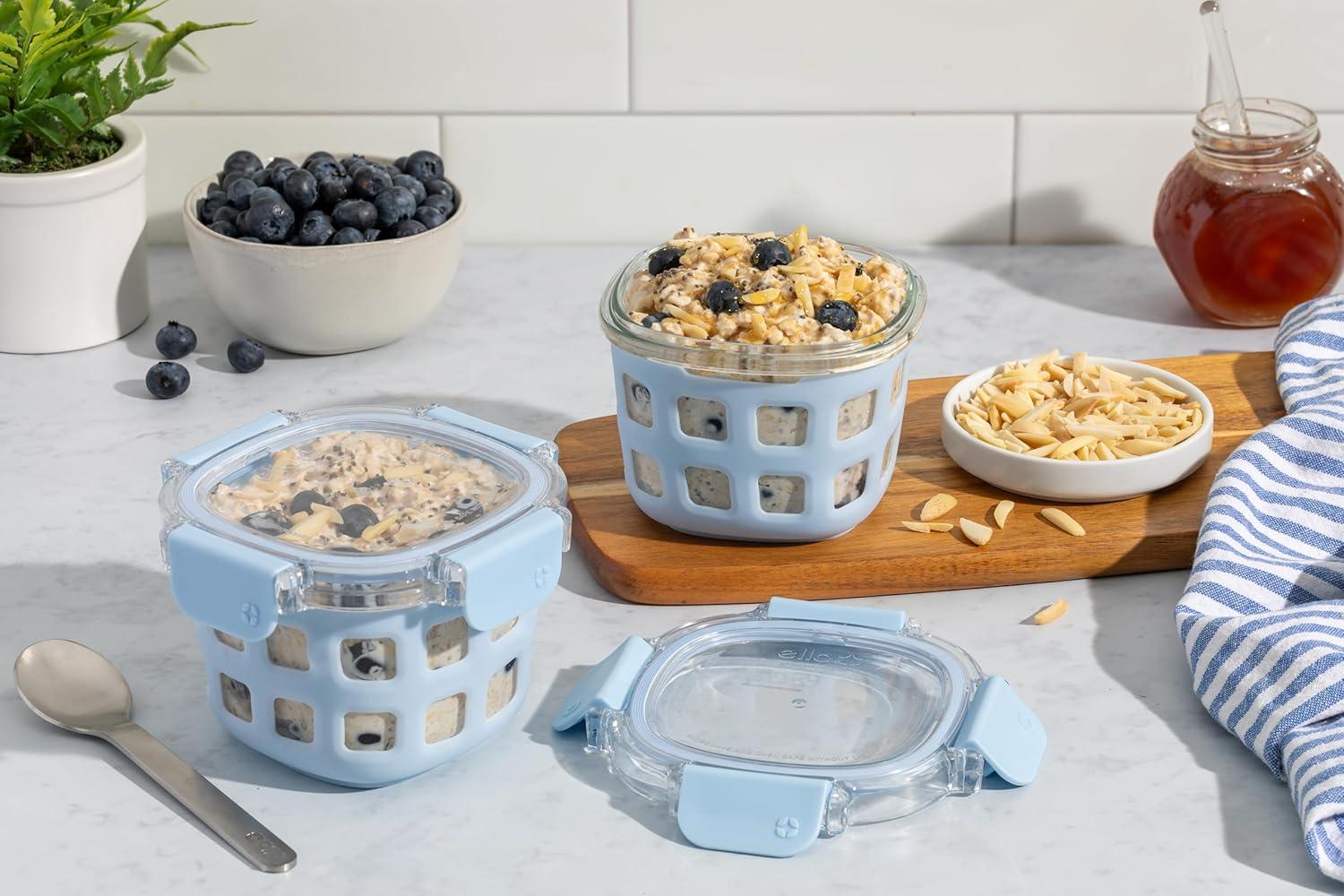 imageEllo Duraglass 8Pack 2 Cup Reusable Glass Container Jar with Leak Proof Lids and Protective Silicone Sleeves Perfect for Overnight Oats Snacks Yogurt BPAFree Dishwasher Safe Halogen Blue