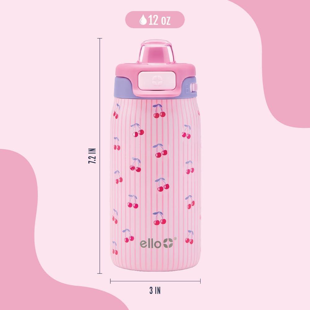imageEllo Kids Pop ampamp Fill 12oz Toddler Water Bottle with Quick Fill Lid DoubleWall Vacuum Insulated Stainless Steel Leak Proof BPA Free Sip ampamp Chug For School Lunchboxes To the RescuePreppy Cherries