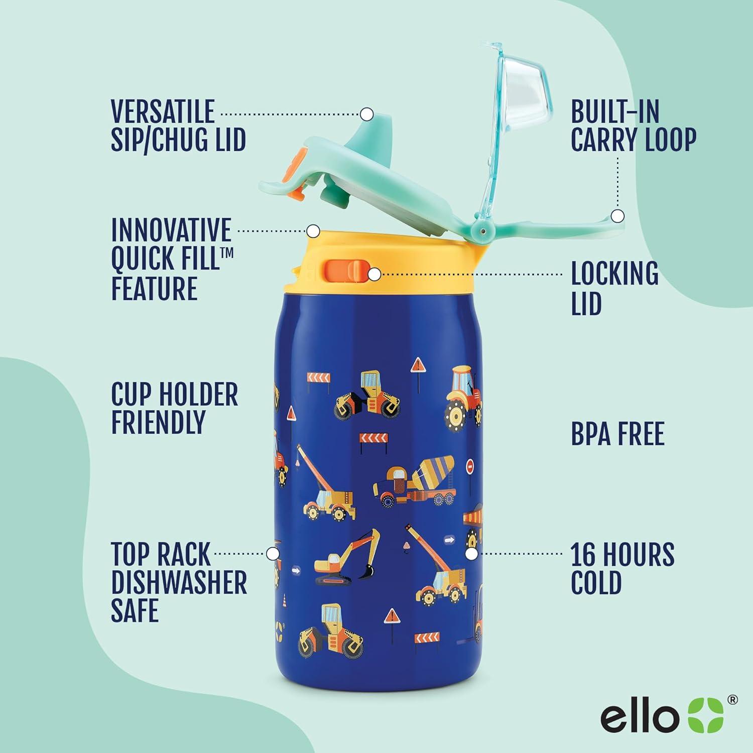imageEllo Kids Pop ampamp Fill 12oz Toddler Water Bottle with Quick Fill Lid DoubleWall Vacuum Insulated Stainless Steel Leak Proof BPA Free Sip ampamp Chug For School Lunchboxes To the RescueConstruction Site