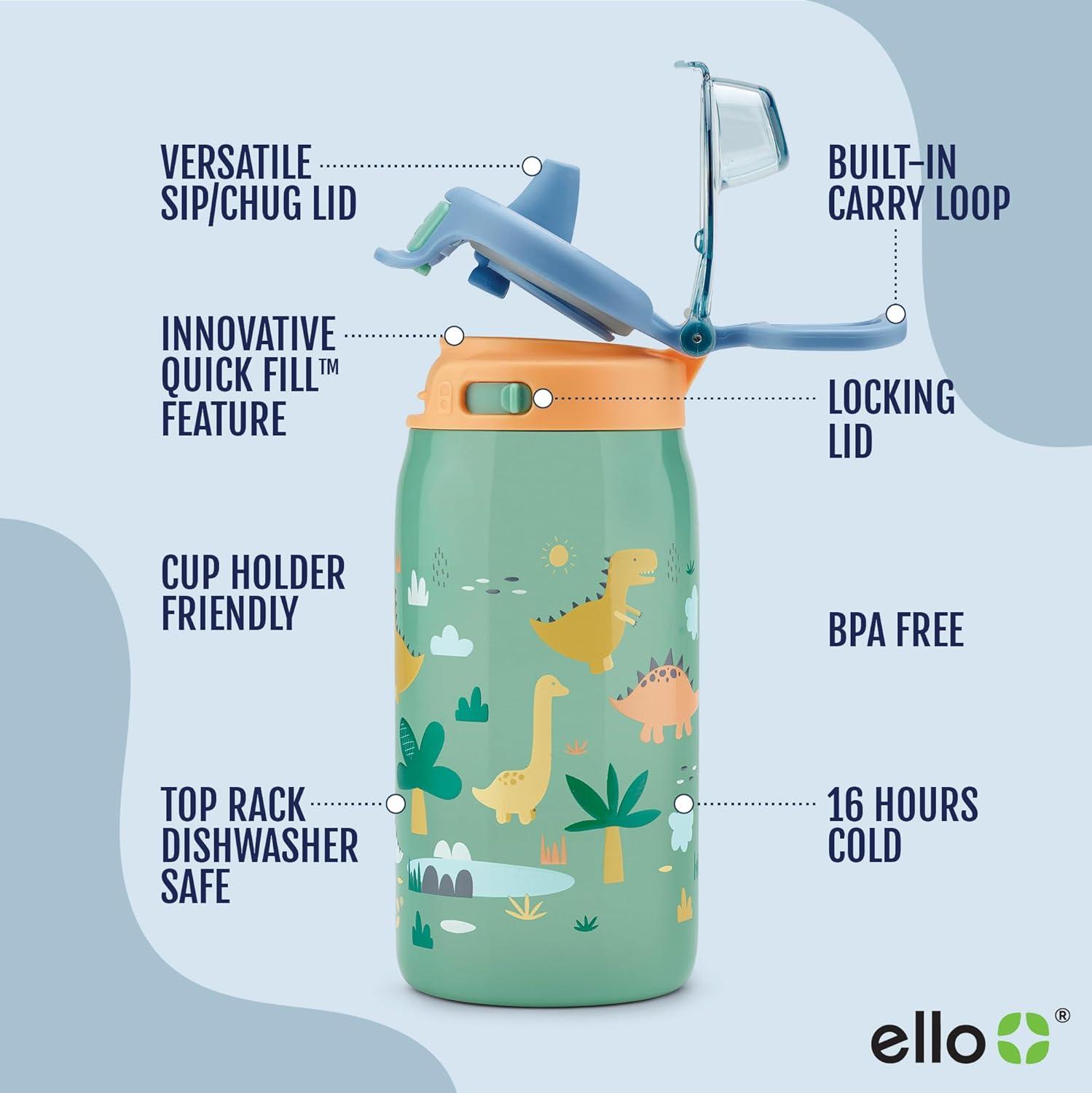 imageEllo Kids Pop ampamp Fill 12oz Toddler Water Bottle with Quick Fill Lid DoubleWall Vacuum Insulated Stainless Steel Leak Proof BPA Free Sip ampamp Chug For School Lunchboxes To the RescueDino
