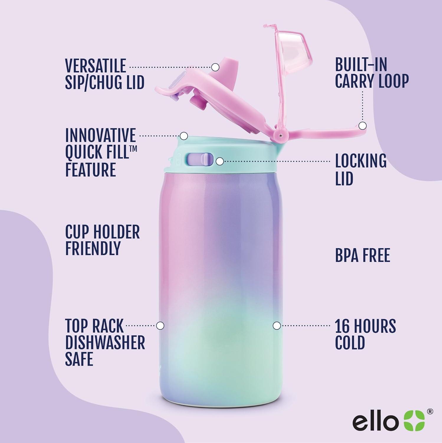 imageEllo Kids Pop ampamp Fill 12oz Toddler Water Bottle with Quick Fill Lid DoubleWall Vacuum Insulated Stainless Steel Leak Proof BPA Free Sip ampamp Chug For School Lunchboxes To the RescuePurple Watercolor