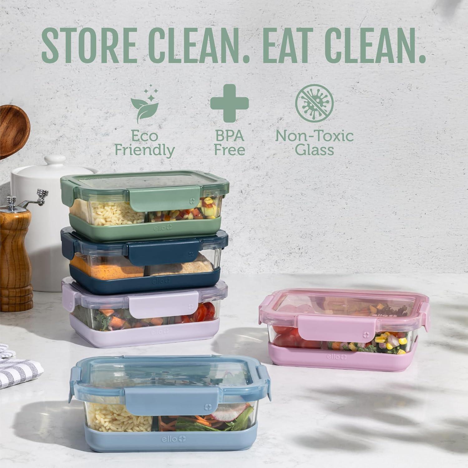 imageEllo Duraglass Refresh 34 Cup Divided Meal Prep Set 10Pc 5 Pack 2 Compartment Glass Food Storage Container with Silicone Boot and Airtight BPAFree Plastic Lids Dishwasher ampamp Microwave Safe Glade