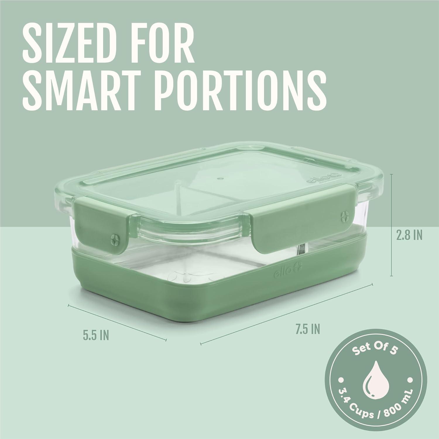 imageEllo Duraglass Refresh 34 Cup Divided Meal Prep Set 10Pc 5 Pack 2 Compartment Glass Food Storage Container with Silicone Boot and Airtight BPAFree Plastic Lids Dishwasher ampamp Microwave Safe Glade