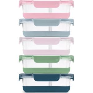 Ello Duraglass Refresh 3.4 Cup Divided Meal Prep Set 10Pc, 5 Pack, 2 Compartment Glass Food Storage Container with Silicone Boot and Airtight BPA-Free Plastic Lids, Dishwasher & Microwave Safe, Glade