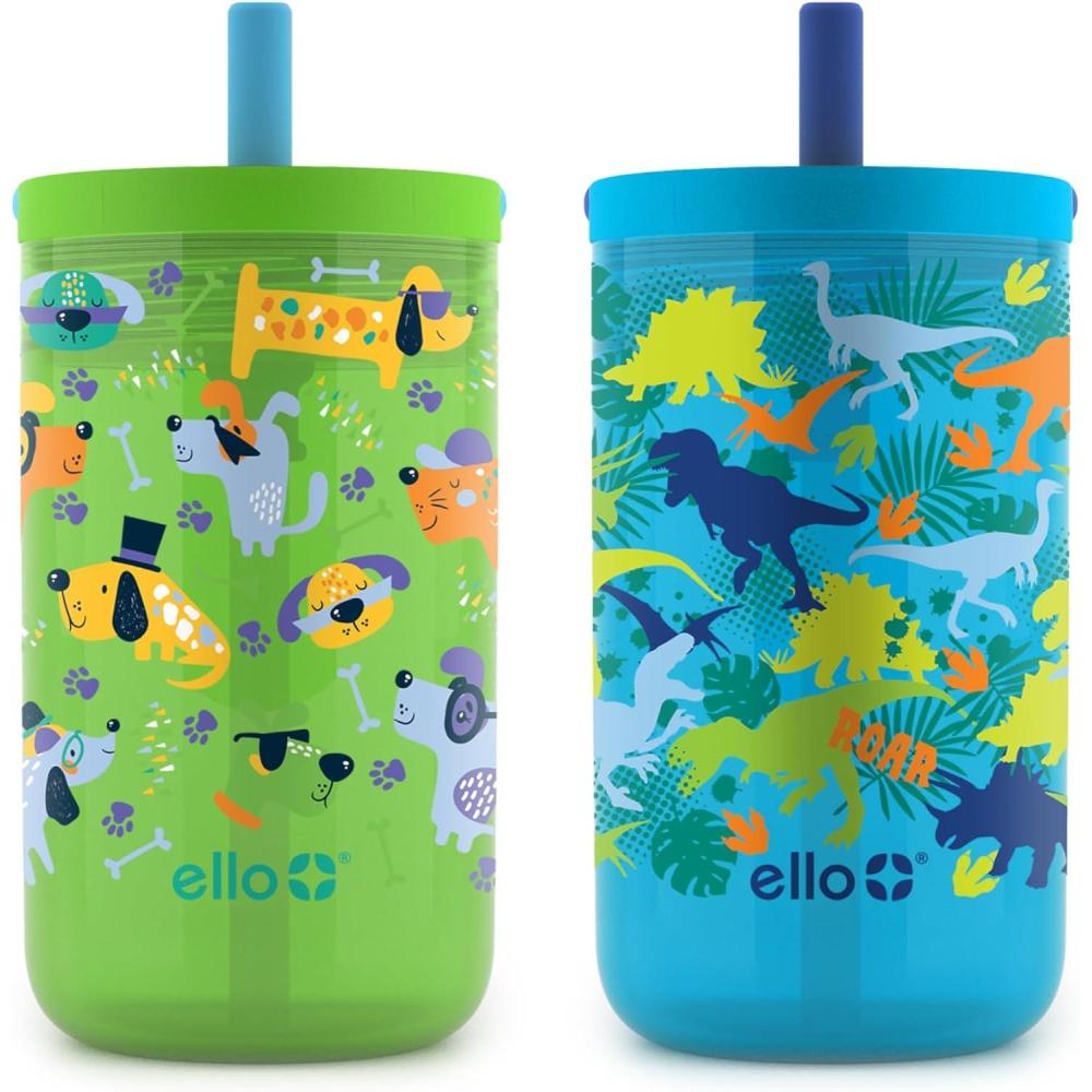imageEllo Bop 2Pack 12oz Kids Plastic Tumbler Set with Carry Loop  LeakProof Slider Lid  Removable Spill Resistent Soft Straw  BPAFreeDogs and Dinos