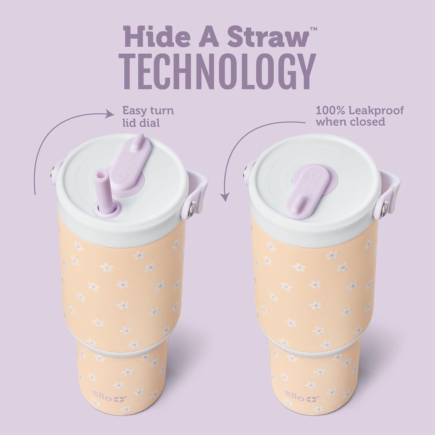 imageEllo Oasis Go 26oz Tumbler with Top Handle and Retracting Straw Reusable Insulated Stainless Steel Cup 100 Leakproof Water Bottle 24 Hours Cold Cup Holder Friendly For Travel Wild RasberryDaisies